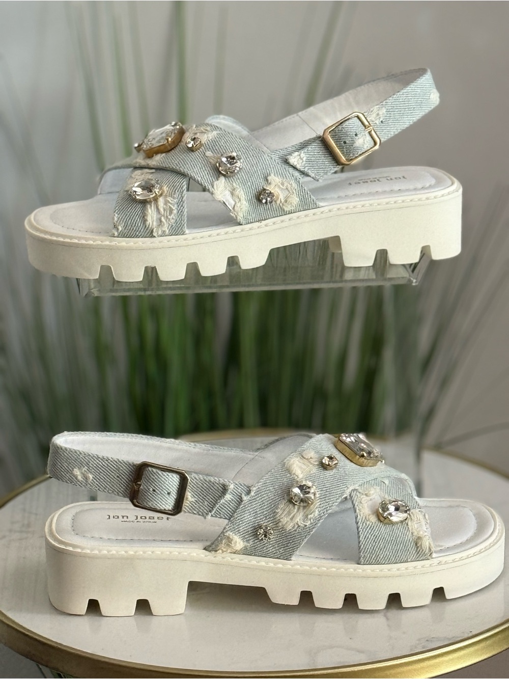 NIB Jon Josef Light Blue Embellished Denim Lug-Sole Sandal